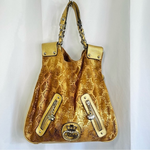 KATHY VAN ZEELAND GOLD CROSSBODY BAG FAUX DIAMOND SHOULDER Y2K  LEATHER BAG - Picture 5 of 14